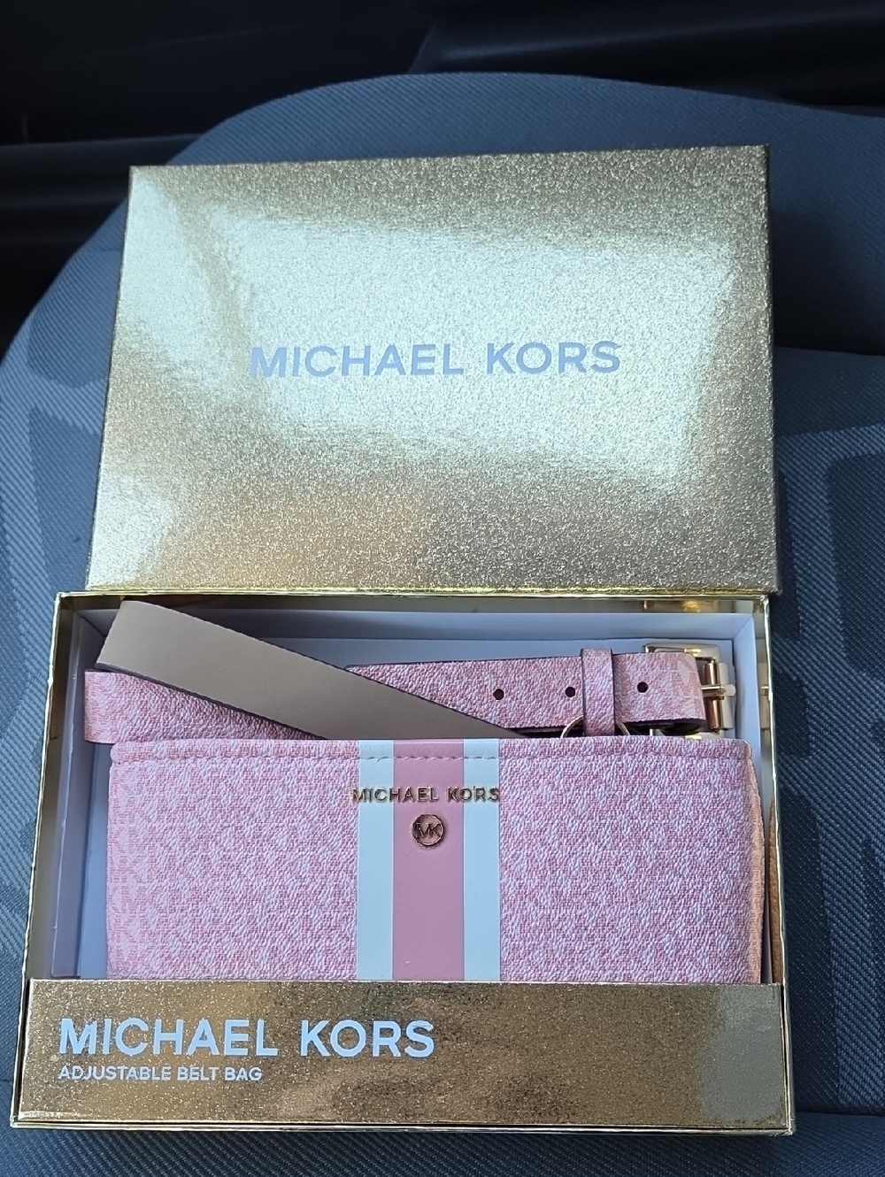 Michael Kors Signature Logo Belt Bag Waist Pack Rose Pink Tan Stripe